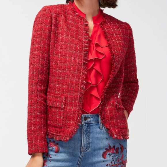Chico's Fringe Tweed Jacket Blazer Red Metallic Thread Sequins Festive sz 3 16 - Picture 1 of 16